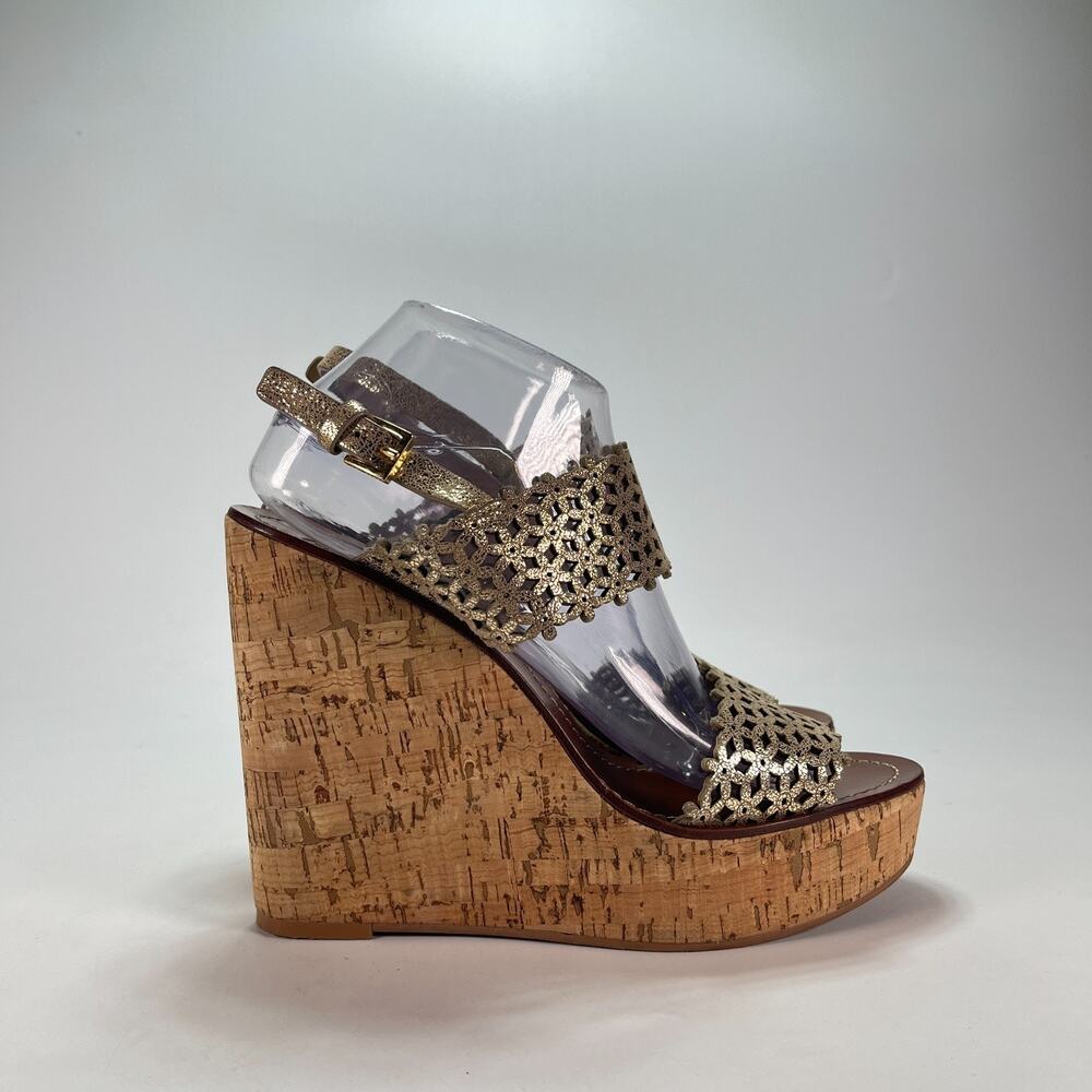 Tory Burch Gold Floral Laser Cut Cork Platform Wedge Sandals Women's Size 9.5M